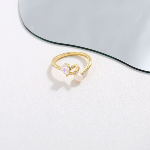 Natural Pearl Asymmetric Loving Heart Zircon Open Ring - Image 5