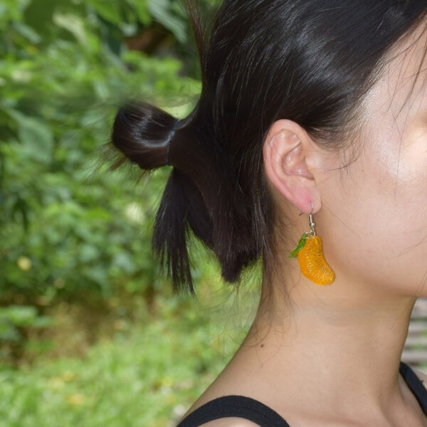 Green Leaf Rhubarb Pomelo Handmade Orange Earrings - Image 2