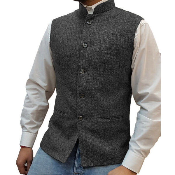 Zhongshan Collar Herringbone Pattern Vest Man - Image 2