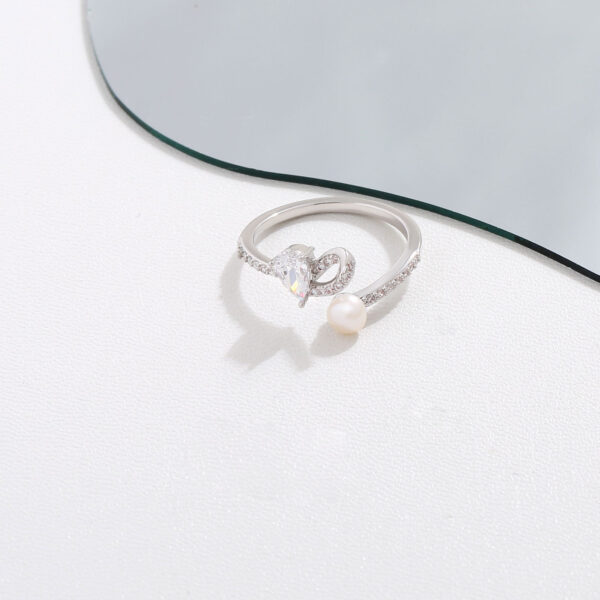 Natural Pearl Asymmetric Loving Heart Zircon Open Ring - Image 6