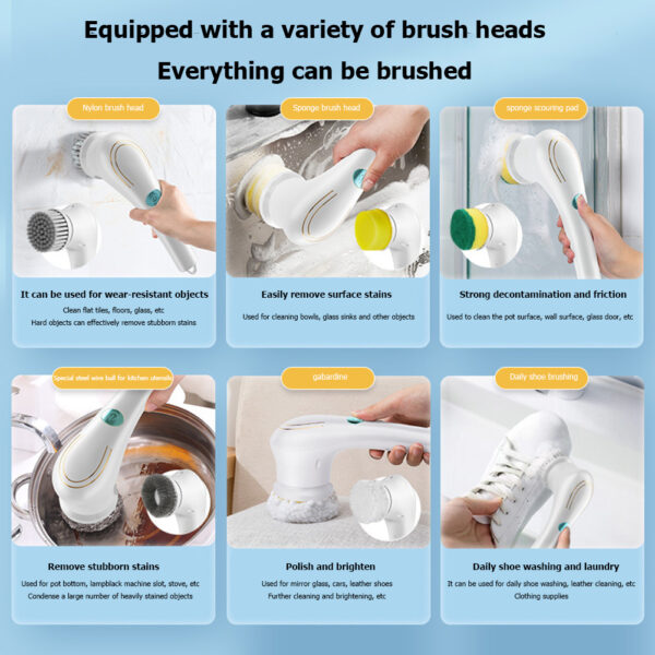Multifunctional Electric Handheld Kitchen Household Dishwashing Brush Handheld Scrubber Bathtub Sink Bathroom Kitchen Tile Cleaning Tool Drill Brush Set With 5 Heads - Image 5