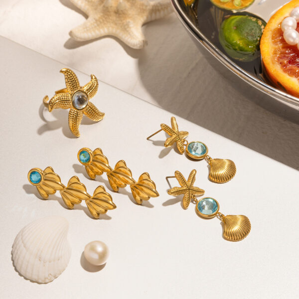 Titanium Steel Glass Ocean Wind Starfish Shell Earring Ring - Image 4