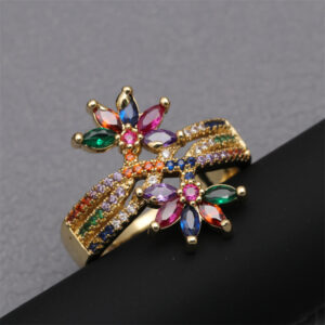 Micro Inlaid Zircon Flower-shaped Women's Open Adjustable Copper Ring