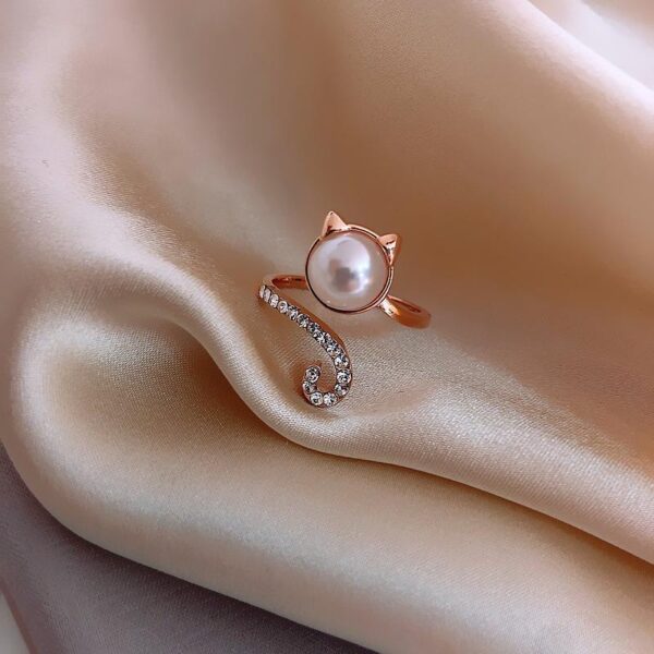 Women's Fashionable Simple And Cute Kitty Pearl Zircon Ring - Image 4