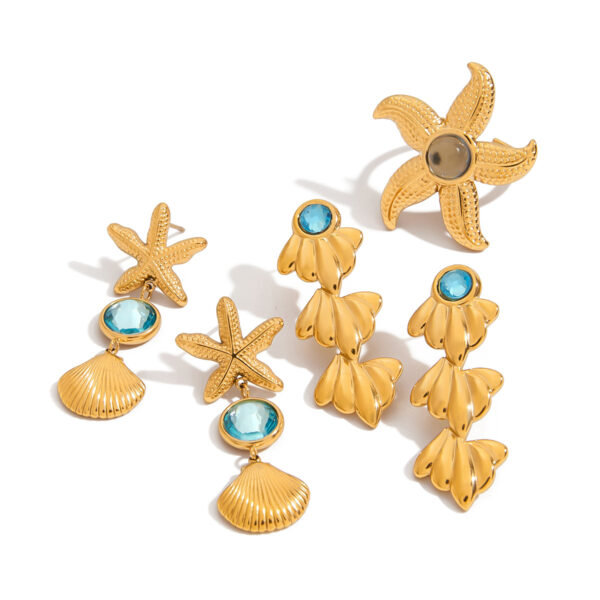 Titanium Steel Glass Ocean Wind Starfish Shell Earring Ring - Image 5
