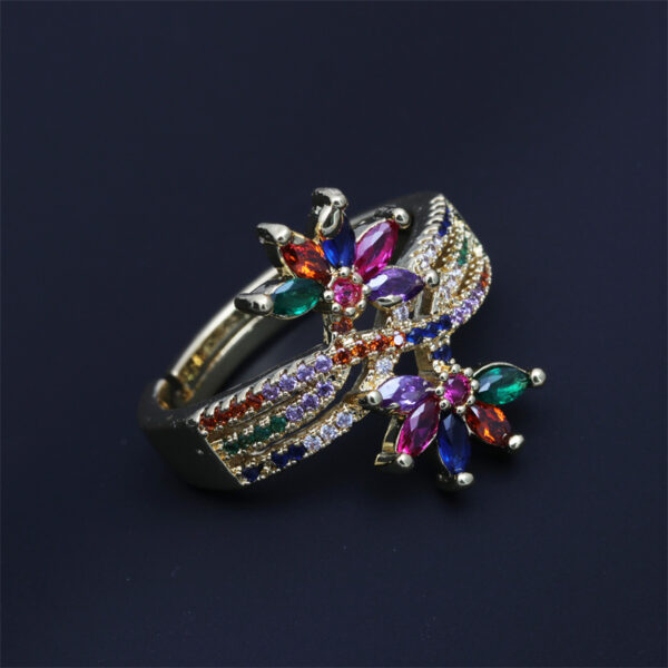 Micro Inlaid Zircon Flower-shaped Women's Open Adjustable Copper Ring - Image 4