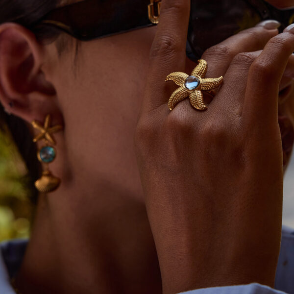 Titanium Steel Glass Ocean Wind Starfish Shell Earring Ring - Image 3