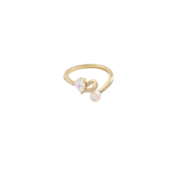 Natural Pearl Asymmetric Loving Heart Zircon Open Ring - Image 4