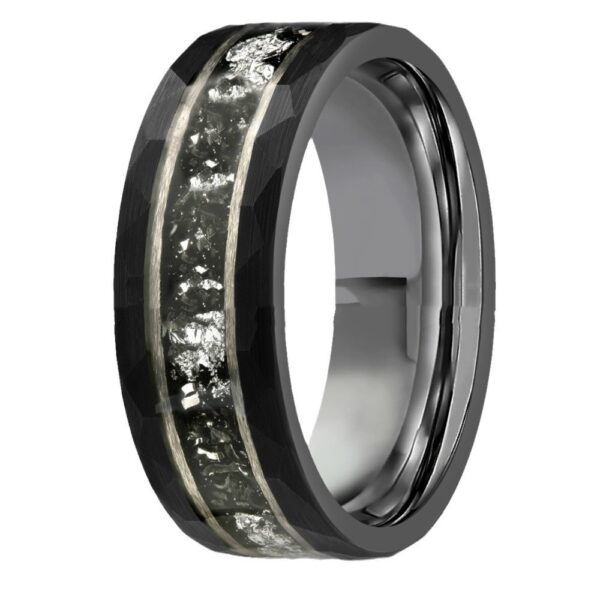 8mm Electric Black Hammer Pattern Tungsten Ring Steel Color Inner Step Inlaid Iron Chips Silver Foil - Image 5