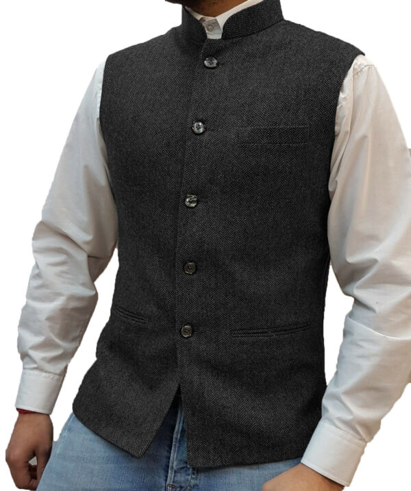 Zhongshan Collar Herringbone Pattern Vest Man - Image 7