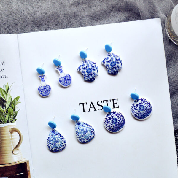 Geometric Blue And White Porcelain Series Chinese Style Acrylic Earrings - Image 2