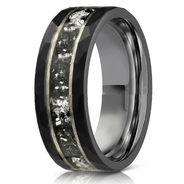 8mm Electric Black Hammer Pattern Tungsten Ring Steel Color Inner Step Inlaid Iron Chips Silver Foil - Image 2